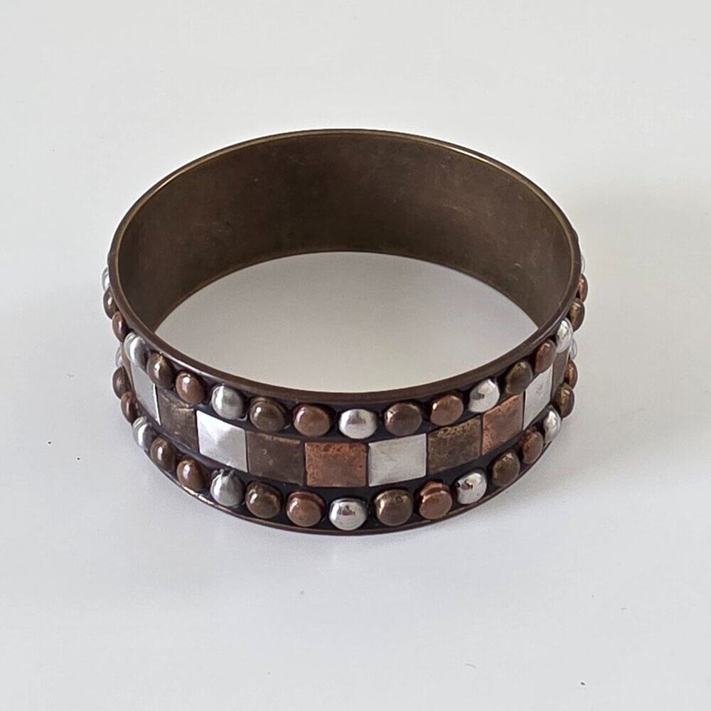 Vintage Wide Mixed Metal Studded Bangle Bracelet Copper Brass Silver One Size - Picture 4 of 11
